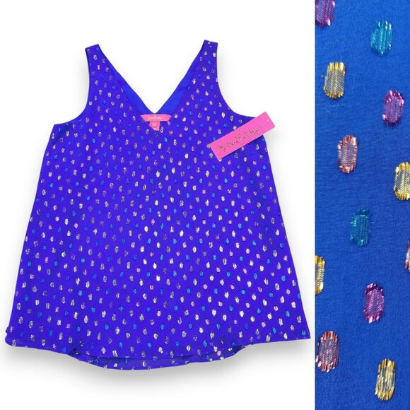 $118 NEW LILLY PULITZER Florin Sleeveless Silk Top Iris Blue Dotted Metallic XXS - Picture 1 of 6